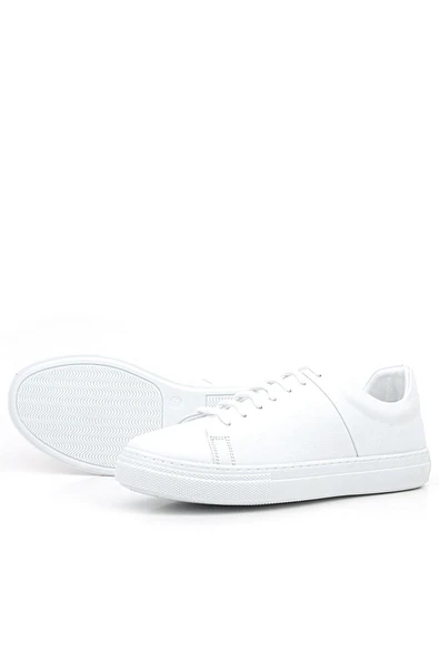 Beyaz Hakiki Deri Kadın Bağcıklı Sneaker Ayakkabı - Resim 5