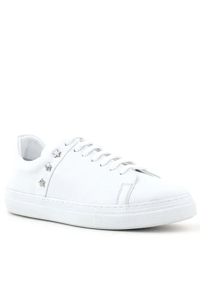Hakiki Deri Kadın Beyaz Bağcıklı Yıldızlı Sneaker Ayakkabı ürün görseli