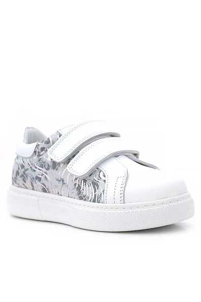 Hakiki Deri Beyaz Cırt Cırtlı Gri Desenli Kız Çocuk Spor Ayakkabı ürün görseli