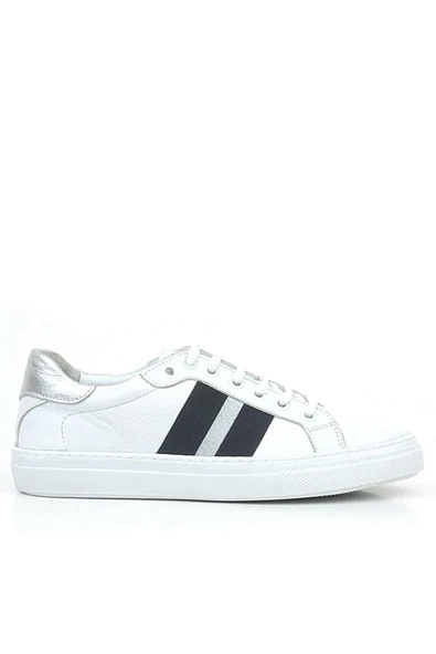 Hakiki Deri Beyaz Siyah Desenli Kadın Sneaker Ayakkabı - Resim 2