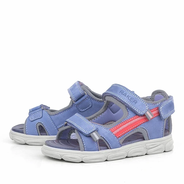 Hakiki Deri Mavi Turuncu Çocuk Sandalet Ayakkabı - Resim 4