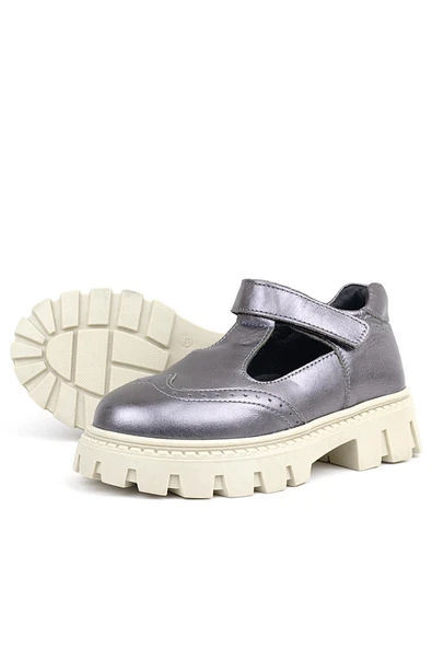 Rakerplus Hakiki Deri Platin Krem Tabanlı Cırtlı Kız Çocuk Okul Ayakkabı - 6