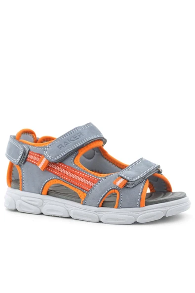 Hakiki Deri Gri Turuncu Çocuk Sandalet Ayakkabı