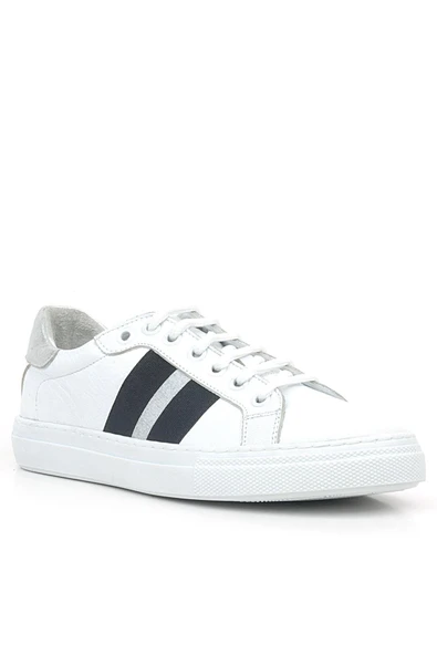 Hakiki Deri Beyaz Siyah Desenli Kadın Sneaker Ayakkabı ürün görseli