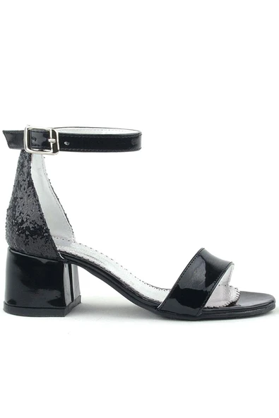 Elsa Siyah Rugan Simli Kalın Topuklu Kız Çocuk Abiye Ayakkabı - 2