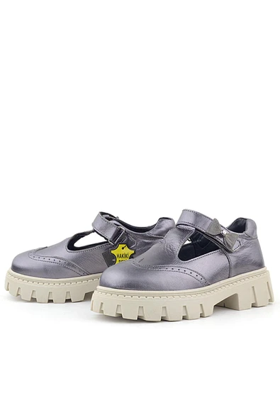 Rakerplus Hakiki Deri Platin Krem Tabanlı Cırtlı Kurdeleli Kız Çocuk Okul Ayakkabı - 4