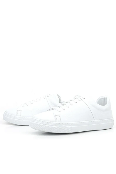 Beyaz Hakiki Deri Kadın Bağcıklı Sneaker Ayakkabı - Resim 4