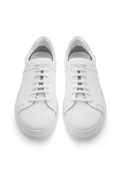 Beyaz Hakiki Deri Kadın Bağcıklı Sneaker Ayakkabı - Resim 7