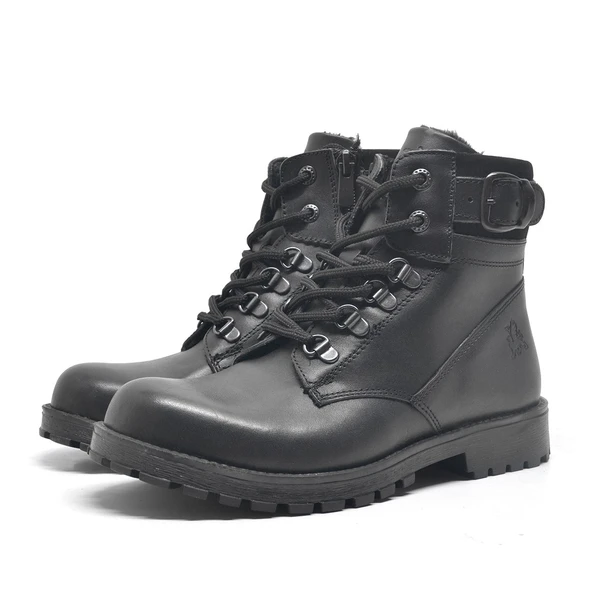 Rakerplus Hakiki Deri Siyah Fermuarlı Bağcıklı Kürklü Bot - Resim 3