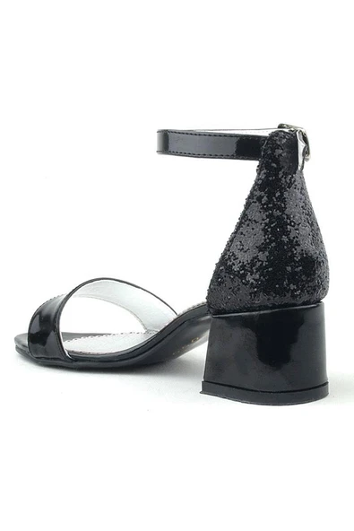 Elsa Siyah Rugan Simli Kalın Topuklu Kız Çocuk Abiye Ayakkabı - 4