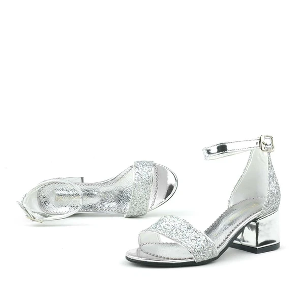 Elsa Gümüş Simli Kalın Topuklu Tek Bant Kız Çocuk Abiye Ayakkabı - Resim 7