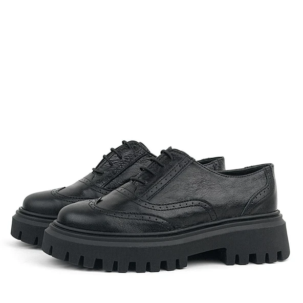 Rakerplus Siyah Kırışık Rugan Hakiki Deri Bağcıklı Oxford Günlük Ayakkabı - 4