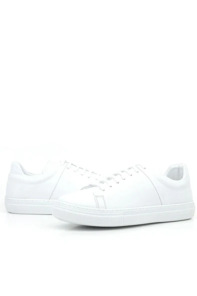 Beyaz Hakiki Deri Kadın Bağcıklı Sneaker Ayakkabı - Resim 6