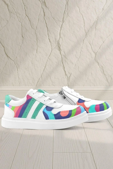 Rakerplus Tbons Özel Tasarım Hakiki Deri Beyaz Yeşil Bağcıklı Fermuarlı Çocuk Sneaker ürün görseli