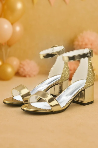 Elsa Altın Aynalı Simli Kalın Topuklu Kız Çocuk Abiye Ayakkabı ürün görseli