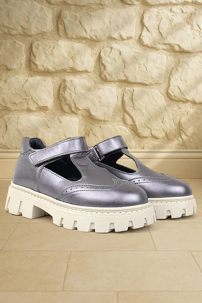 Rakerplus Hakiki Deri Platin Krem Tabanlı Cırtlı Kız Çocuk Okul Ayakkabı