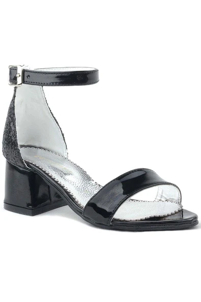 Elsa Siyah Rugan Simli Kalın Topuklu Kız Çocuk Abiye Ayakkabı - 3