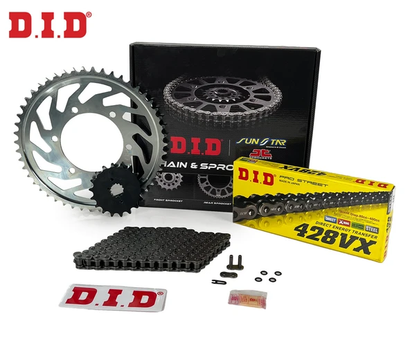 ZİNCİR DİŞLİ SETİ YAMAHA XVS DRAG STAR 250cc ZİNCİR: DID-428VX Çelik-146 ÖN-ARKA DİŞLİ: JT 20T-56T 2001-2004 ürün görseli