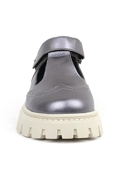 Rakerplus Hakiki Deri Platin Krem Tabanlı Cırtlı Kız Çocuk Okul Ayakkabı - 4