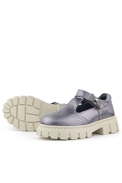 Rakerplus Hakiki Deri Platin Krem Tabanlı Cırtlı Kurdeleli Kız Çocuk Okul Ayakkabı - 5
