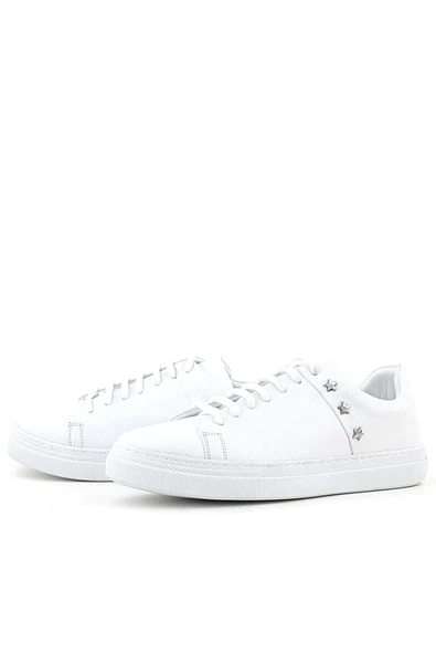 Hakiki Deri Kadın Beyaz Bağcıklı Yıldızlı Sneaker Ayakkabı - Resim 4