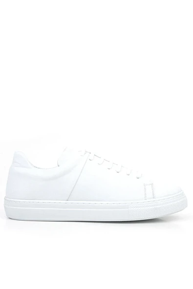 Beyaz Hakiki Deri Kadın Bağcıklı Sneaker Ayakkabı - Resim 2