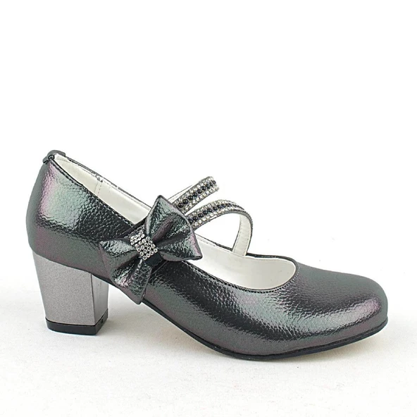 Platin Kurdeleli Taşlı Kız Çocuk Topuklu Abiye Ayakkabı ürün görseli