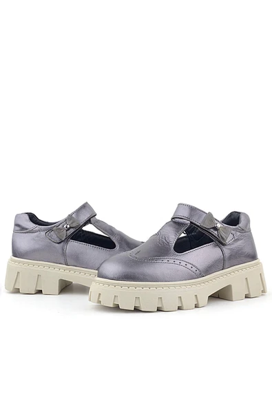 Rakerplus Hakiki Deri Platin Krem Tabanlı Cırtlı Kurdeleli Kız Çocuk Okul Ayakkabı - 6