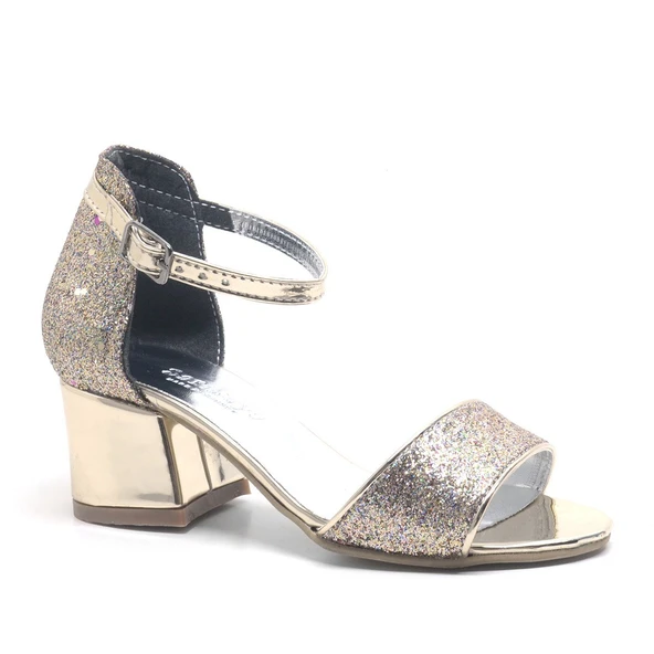 Elsa Altın Simli Kalın Topuklu Kız Çocuk Abiye Ayakkabı ürün görseli