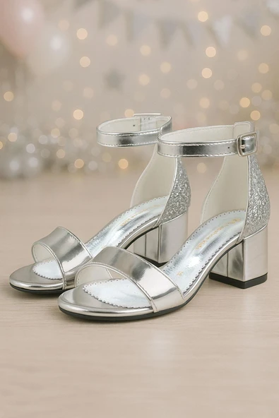 Elsa Gümüş Aynalı Simli Kalın Topuklu Kız Çocuk Abiye Ayakkabı ürün görseli