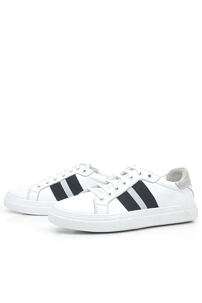 Hakiki Deri Beyaz Siyah Desenli Kadın Sneaker Ayakkabı - Resim 4