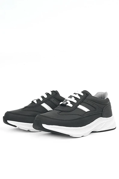 Rakerplus Hakiki Deri Anatomik Siyah Beyaz Bağcıklı Hafif Çocuk Spor Ayakkabı - Resim 5