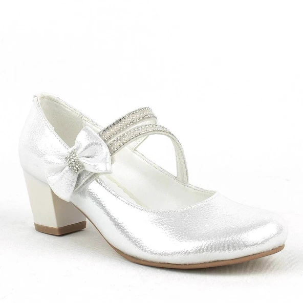 Gümüş Kurdeleli Taşlı Kız Çocuk Topuklu Abiye Ayakkabı ürün görseli