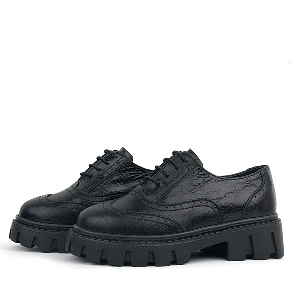 Rakerplus Siyah Kırışık Rugan Hakiki Deri Bağcıklı Oxford Günlük Ayakkabı - Resim 5