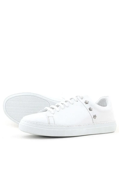 Hakiki Deri Kadın Beyaz Bağcıklı Yıldızlı Sneaker Ayakkabı - Resim 5