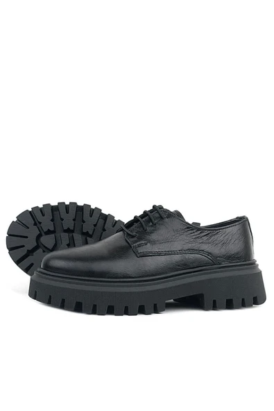 Rakerplus Siyah Kırışık Rugan Hakiki Deri Bağcıklı Kız Çocuk Oxford Okul Ayakkabı - 5