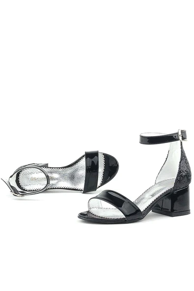 Elsa Siyah Rugan Simli Kalın Topuklu Kız Çocuk Abiye Ayakkabı - 7