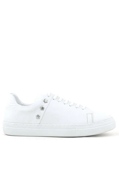 Hakiki Deri Kadın Beyaz Bağcıklı Yıldızlı Sneaker Ayakkabı - Resim 2