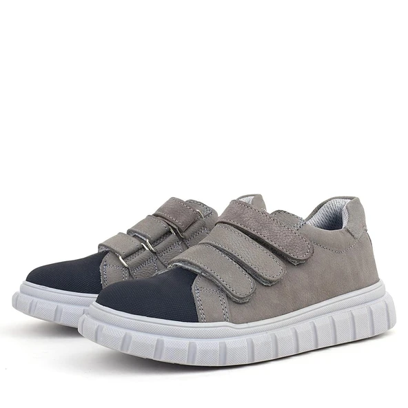 Rakerplus Hakiki Deri Siyah Gri Cırtlı Çocuk Günlük Spor Okul Ayakkabı - 6