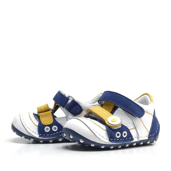 Hakiki Deri Sarı Lacivert Cırtlı Yazlık İlk Adım Ayakkabı - Resim 4