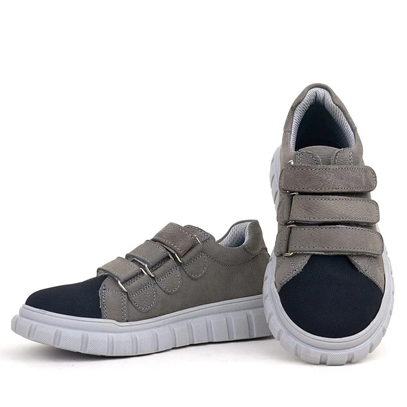 Rakerplus Hakiki Deri Siyah Gri Cırtlı Çocuk Günlük Spor Okul Ayakkabı - 8