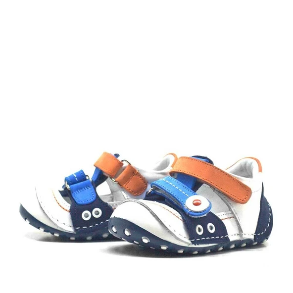 Hakiki Deri Turuncu Mavi Cırtlı Yazlık İlk Adım Ayakkabı - Resim 3