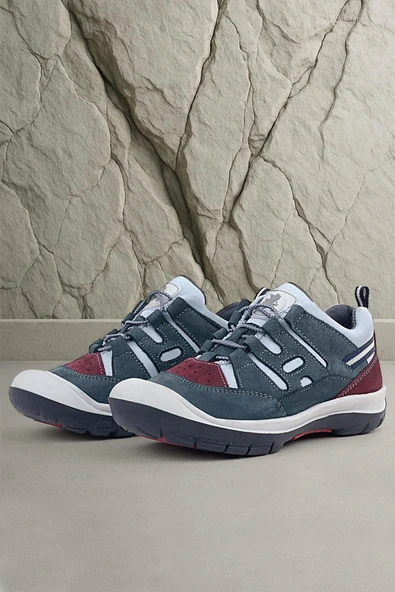 Rakerplus Hakiki Deri Gri Bordo Lastik Bağcıklı Çocuk Outdoor Ayakkabı ürün görseli