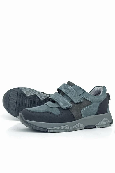 Rakerplus Hakiki Deri Koyu Gri Siyah Çocuk Cırtlı Sneakers Spor Ayakkabı - Resim 6