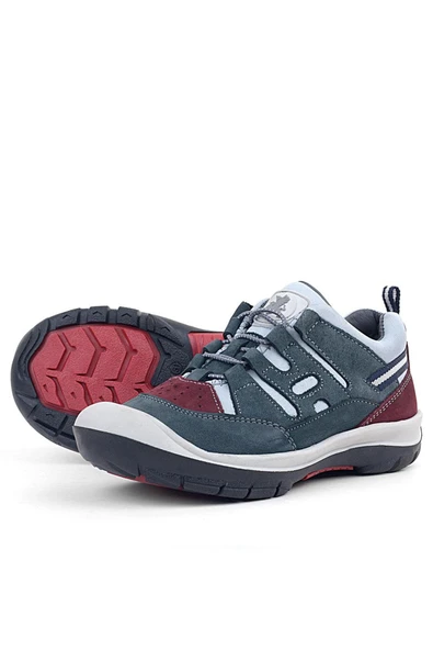 Rakerplus Hakiki Deri Gri Bordo Lastik Bağcıklı Çocuk Outdoor Ayakkabı - Resim 6