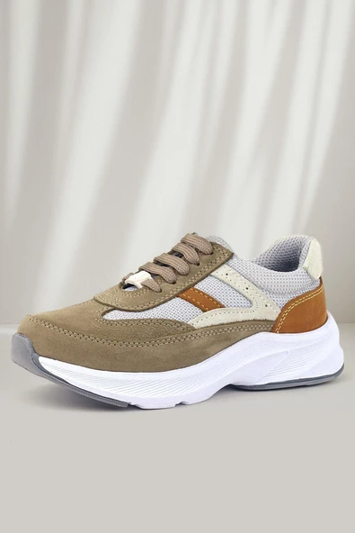 Rakerplus Hakiki Deri Anatomik Kum Rengi Bağcıklı Hafif Çocuk Spor Ayakkabı