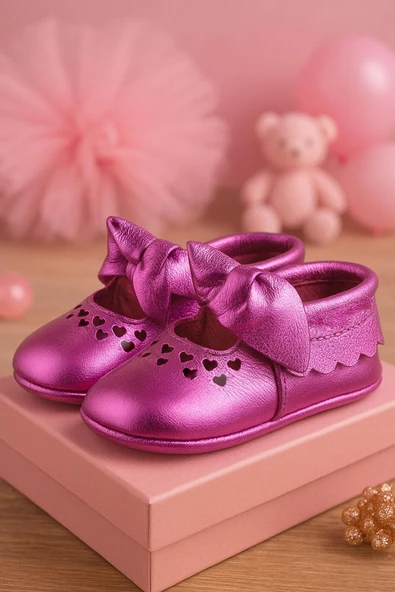 Coco Hakiki Deri Fuşya Fiyonklu Lastikli Bebek Patik