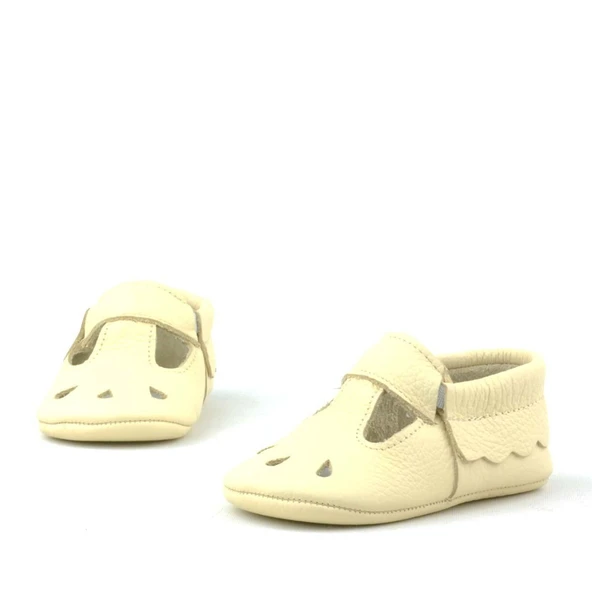 Bubbles Hakiki Deri Bej Lastikli Bebek Patik - Resim 5