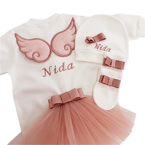 Melek Kanatlı Kız Bebek Hastane Çıkışı 3 lü Set Koyu Pudra - 4