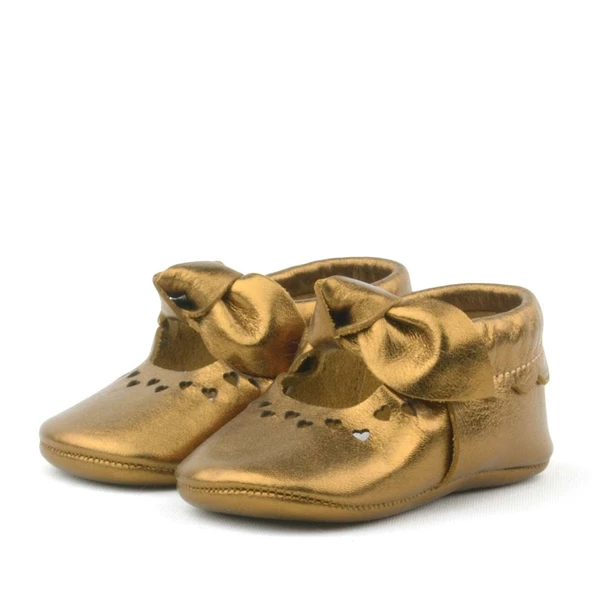 Coco Hakiki Deri Bakır Fiyonklu Lastikli Bebek Patik - Resim 4
